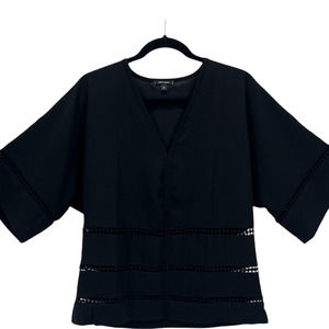 Stella & Dot Women's V Neck Top Embroidered Short Sleeve Shirt Black Small